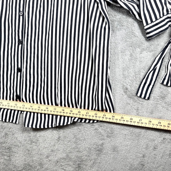 Miss Lili 2X Striped Off Shoulder Button Front Blouse Black White Tie Sleeve - Picture 10 of 10